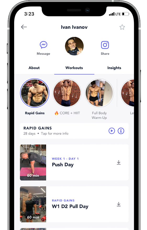 Muscle building programs shown on a device
