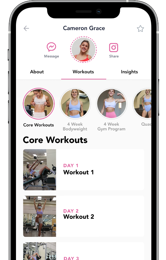 Workouts in the app shown on a device